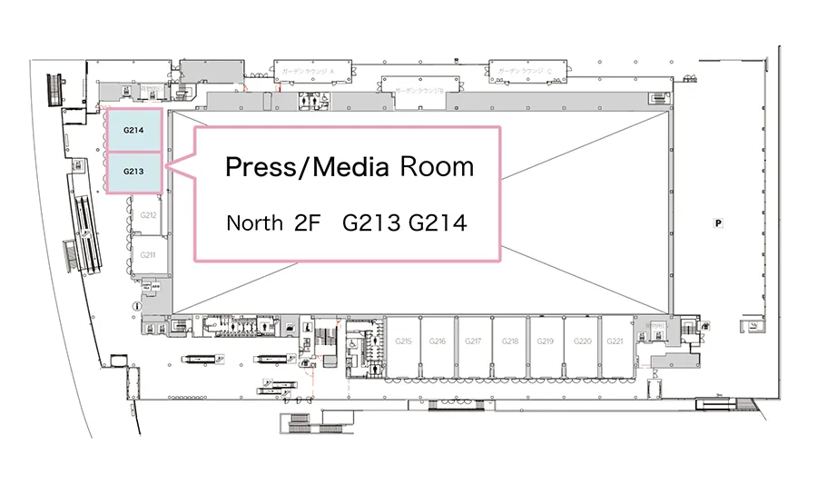 Rooms G213–G214 on North 2F serve as the Press/Media Room.